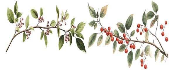Vintage holiday décor featuring a beautifully detailed antique botanical drawing of a red berry branch with delicate green leaves, ideal for creating an elegant seasonal setting.