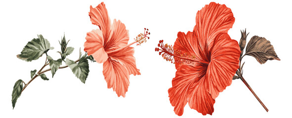 Detailed petal features of a red hibiscus flower in antique botanical style, perfect for creating vintage-inspired festive designs and holiday decorations. © aura studio