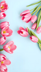 Beautiful composition spring flowers. Bouquet of pink tulips flowers on pastel blue background. Valentine's Day, Easter, Birthday, Happy Women's Day, Mother's Day. Flat lay, top view, banner, hand-d