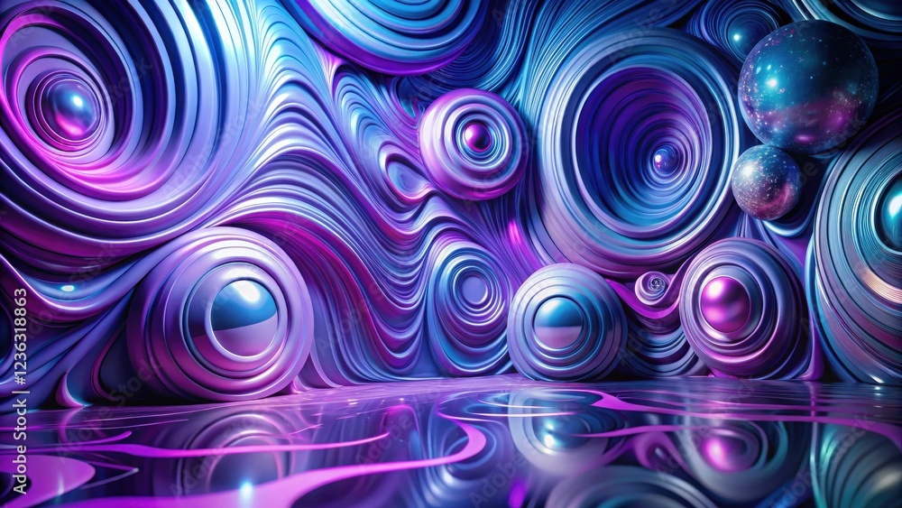 Poster Abstract Psychedelic 3D Render of Spheres Embedded in Wavy Circular Formations With a Reflective Floor