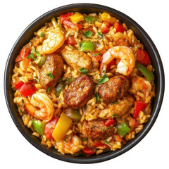 Fototapeta premium Pilaf with shrimps, prawns and vegetables. Jambalaya