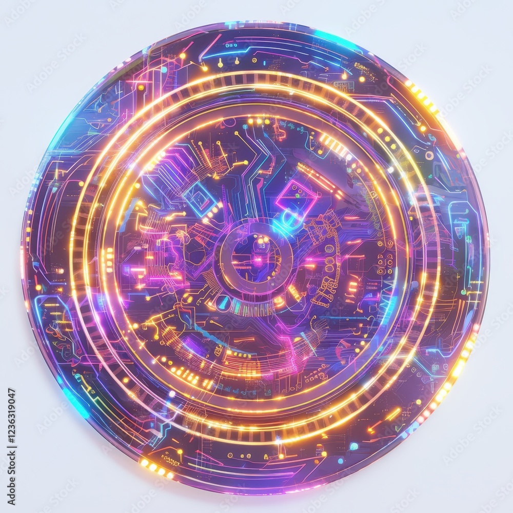 Poster abstract futuristic circular technology interface design with glowing neon lights and circuits