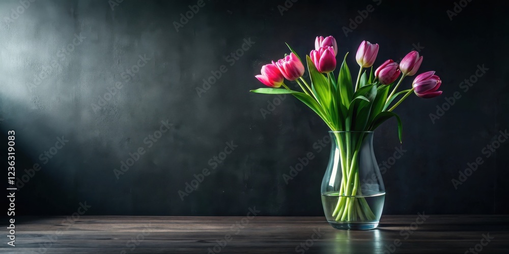 Poster a bouquet of pink tulips arranged in a glass vase against a dark textured background with a soft lig