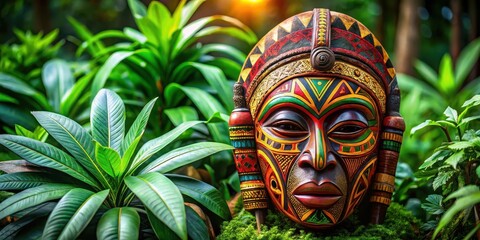 Traditional African mask with intricate carvings and vibrant colors sitting on a green background with lush foliage and exotic plants surrounding it , handmade mask, cultural heritage