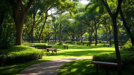 A vibrant and spacious green park with cycling paths, picnic areas, and lush trees, creating a serene and eco-conscious outdoor experience.