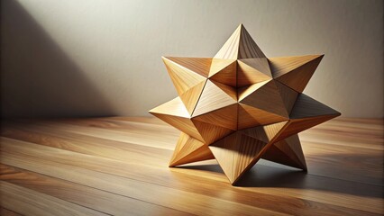 A wooden geometric star shape resting on a wooden floor with a natural light casting a shadow
