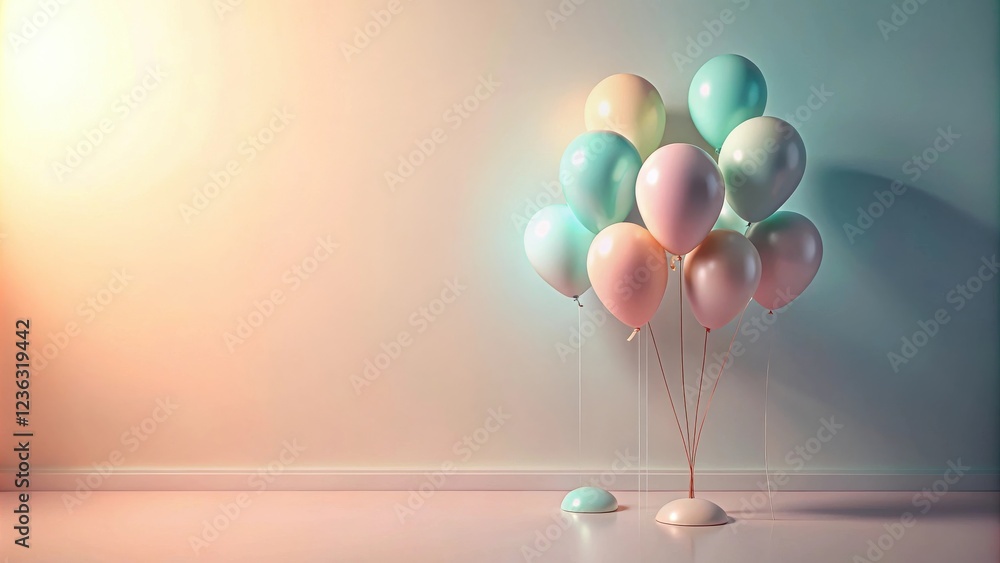 Poster pastel balloons clustered together against a subtle gradient wall, casting soft shadows on the floor
