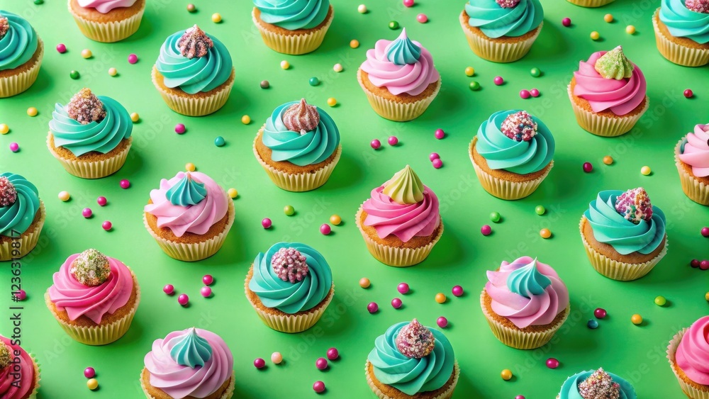 Poster a delightful array of cupcakes frosted in vibrant pink and blue, adorned with colorful sprinkles, ar