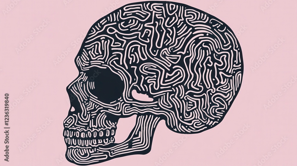 Poster intricate skull design with abstract patterns on pink background