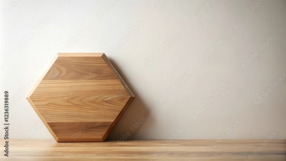 Poster A hexagonal wooden tray on a table with a white wall background