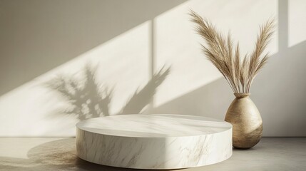 A mockup of an empty white marble table with golden geometric shapes, a vase with pampas grass, and a shadow on the wall. Minimalistic background, 