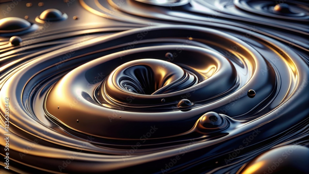 Poster a mesmerizing abstract depiction of a swirling vortex with golden highlights and scattered droplets,