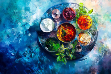 Artistic portrayal of the Passover Seder plate with a modern twist. -