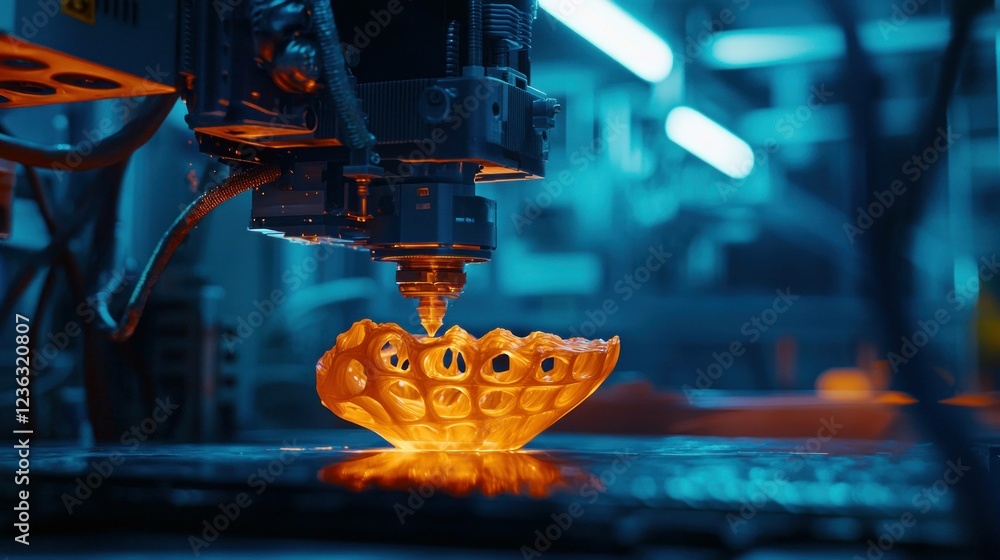 Poster advanced d printing technology creating an intricate orange object, showcasing innovation and precis