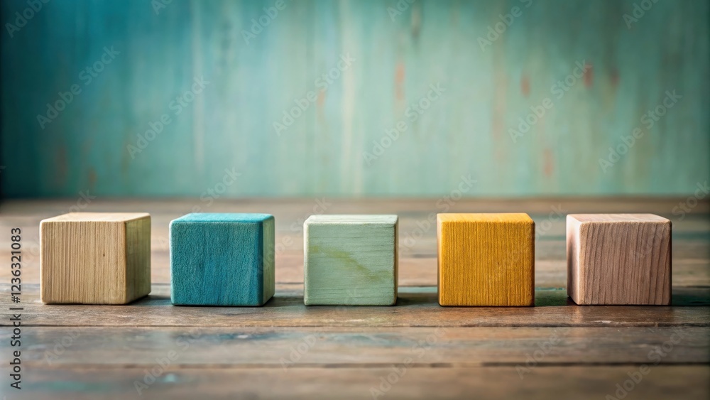 Poster five wooden blocks of different colors are arranged in a row on a rustic wooden table against a teal