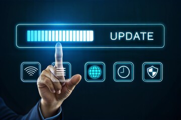 Futuristic software update interface with glowing progress bar. Software update application technology concept, Operating system, patch update, Improved security