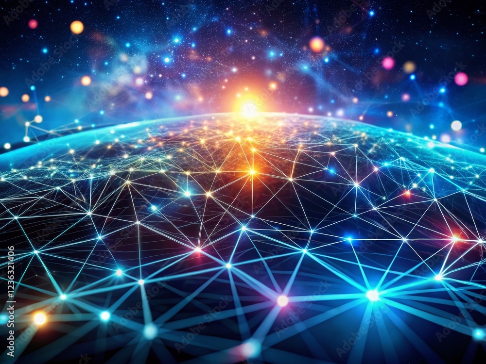 Poster abstract digital space cyberspace background with network lines, dots and lights