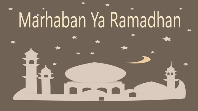 Greetings Marhaban Ya Ramadhan with mosque illustration. Marhaban background