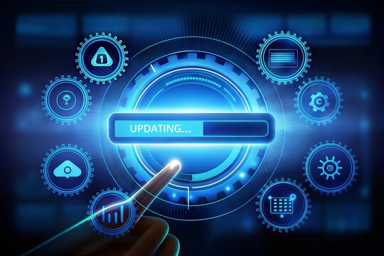 Futuristic software update interface with glowing progress bar. Software update application technology concept, Operating system, patch update, Improved security