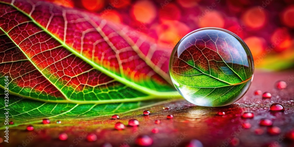 Poster A transparent sphere magnifies the intricate network of veins within a green and red leaf, capturing the delicate beauty of nature in a single drop of water.
