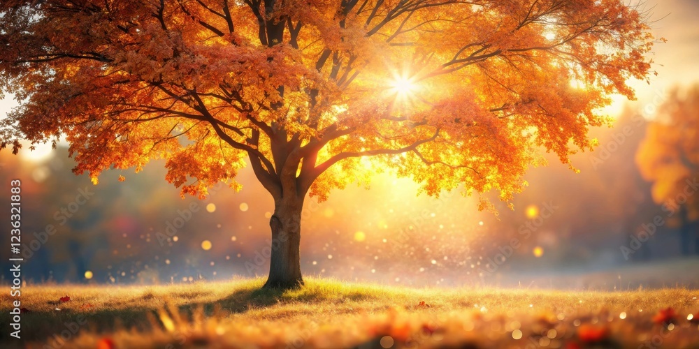 Poster golden autumn sunlight bathes a lone tree in warm glow, creating a serene and tranquil scene