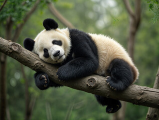Obraz premium Young panda lounging on a tree branch in a lush forest during the day, enjoying its surroundings with playful curiosity and relaxation