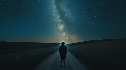 Fototapeta premium 田舎道で星空を見上げる宇宙飛行士、地球にいながら宇宙を夢見る瞬間
