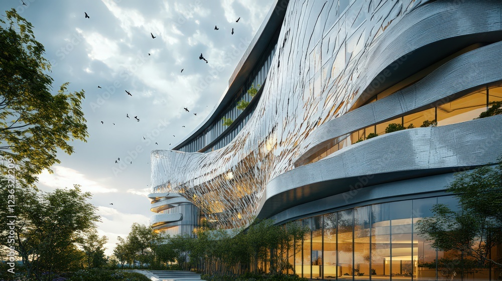 Poster modern architecture building with unique design and birds flying in the sky