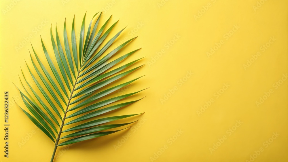 Poster a single green palm frond on a yellow background, creating a simple and refreshing visual