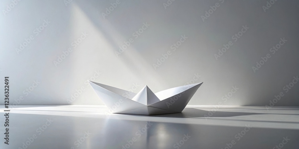 Poster a solitary white paper boat sits on a pristine white surface, illuminated by a single beam of sunlig