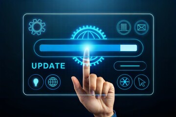 Futuristic software update interface with glowing progress bar. Software update application technology concept, Operating system, patch update, Improved security