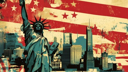 Fototapeta premium Celebration of Freedom and Unity With Diverse Silhouettes Under a Vibrant, Patriotic Backdrop Featuring American Flags and Bright Colors