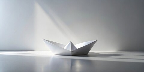 A solitary white paper boat sits on a pristine white surface, illuminated by a single beam of sunlight, casting a long shadow on the floor.