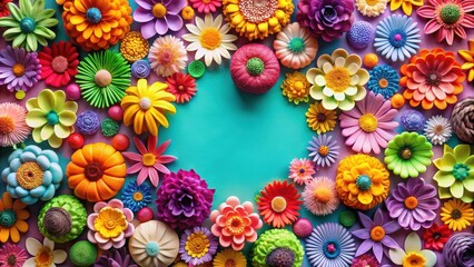 A vibrant arrangement of colorful flowers arranged in a circular pattern with a turquoise background