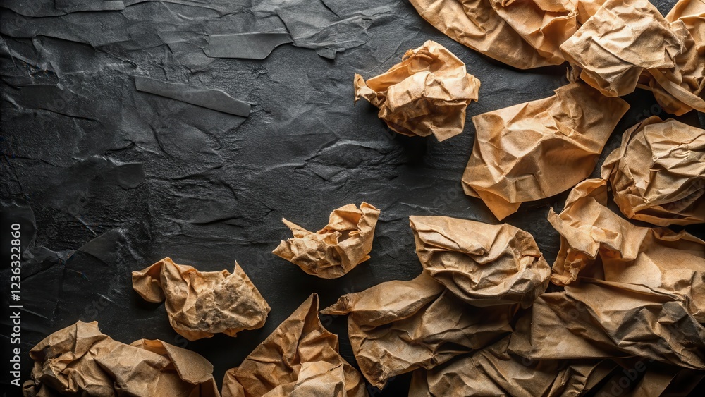 Poster wrinkled brown paper balls scattered across a dark textured surface, creating a captivating abstract