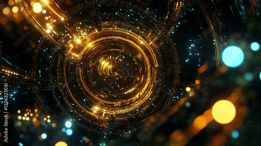 Poster abstract circular digital technology background with glowing lights and particles