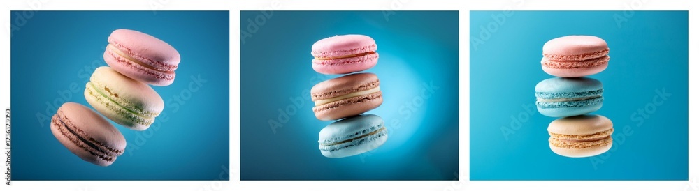 Poster three stacks of pastel-colored macarons, each a different arrangement, float against a vibrant blue 