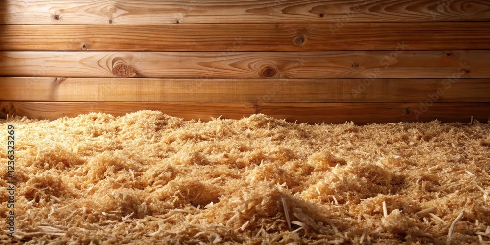 Aufkleber a rustic wooden background with a pile of sawdust in the foreground, creating a warm and textured ba