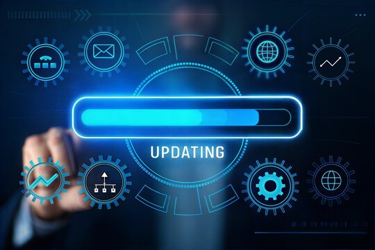 Futuristic software update interface with glowing progress bar. Software update application technology concept, Operating system, patch update, Improved security