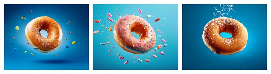 Fototapeta premium Three donuts levitate against a blue backdrop; one plain, one with sprinkles, and one submerged. Sprinkles surround the sprinkled donut.