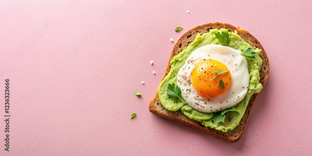 Poster A Toast with Avocado Mash and a Fried Egg with a Sunny Side Up Yolk, Decorated with Parsley on a Pink Background