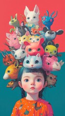 Naklejka premium Girl Surrounded by Colorful Cartoon Animals on Vibrant Background