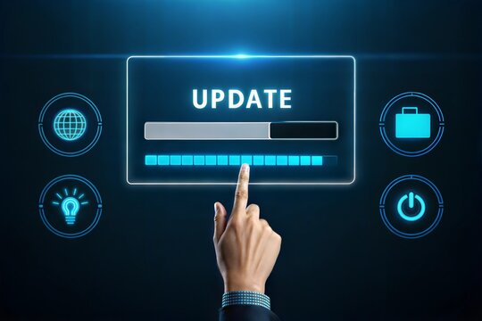 Futuristic software update interface with glowing progress bar. Software update application technology concept, Operating system, patch update, Improved security