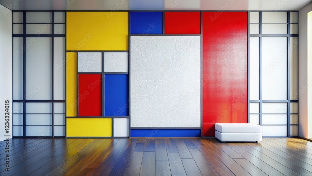 Poster a minimalist modern room with a large square blank canvas on a wall with bold geometric shapes in pr