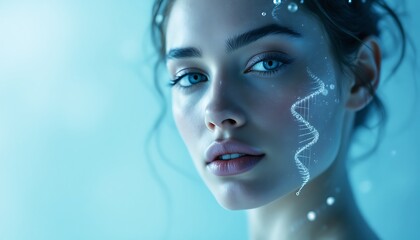 Serene Woman Face DNA Strand Blue Light Background