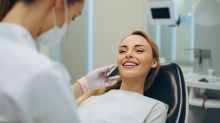 Dental check up, young woman being examined by female dentist with gloves and mask, promoting oral hygiene and healthcare in a dental clinic