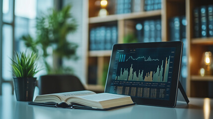 Photo of an open financial education book with a tablet and financial charts on a sleek desk, showcasing investment and educational resources.