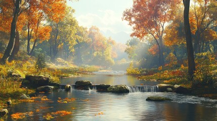 Obraz premium Autumnal Forest Stream Scene with Falling Leaves