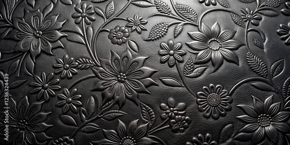 Aufkleber A close-up of black leather embossed with a floral pattern, showcasing the intricate details of the design and texture of the material.