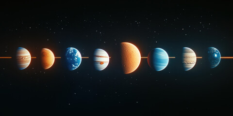 stunning visual of seven planets aligned in space, showcasing their unique colors and features against dark starry background. This captivating scene evokes sense of wonder and exploration